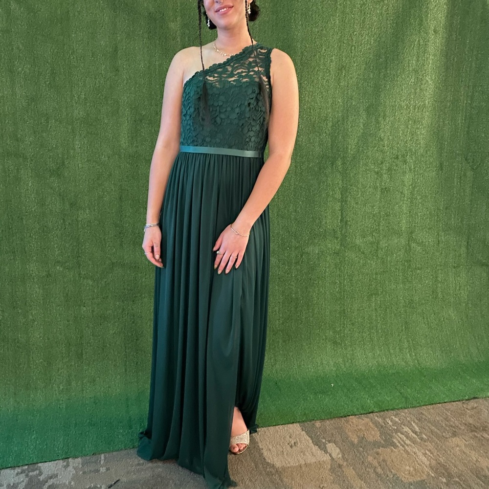 Emerald green bridesmaid dress.